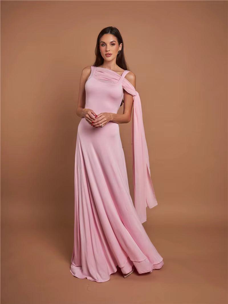 Elegant Skew Collar Off-shoulder Backless Lace-up Cape Sleeve Maxi Dress