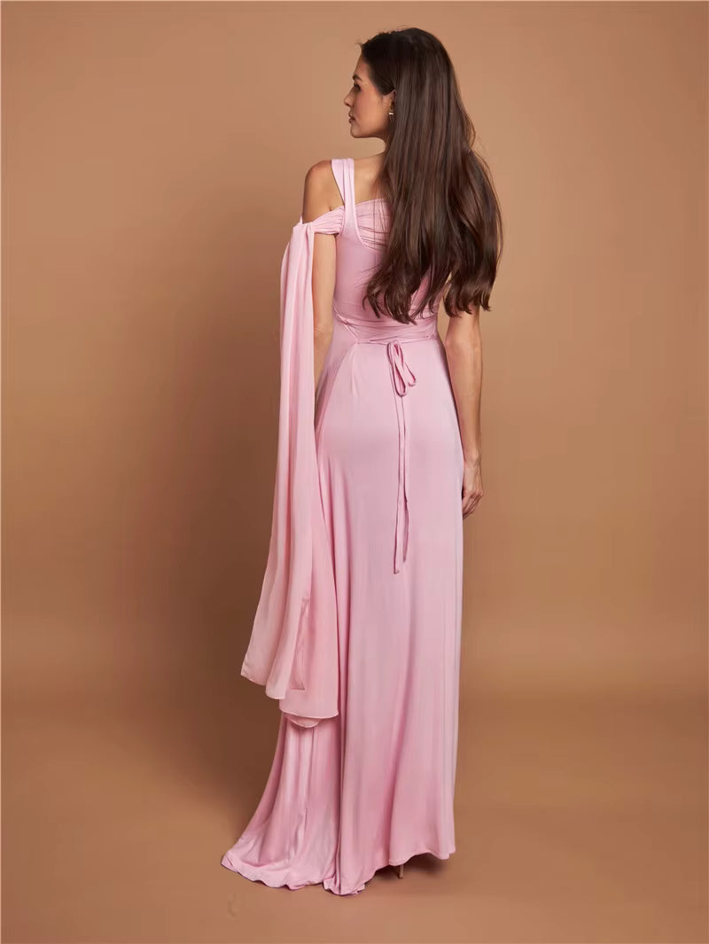 Elegant Skew Collar Off-shoulder Backless Lace-up Cape Sleeve Maxi Dress