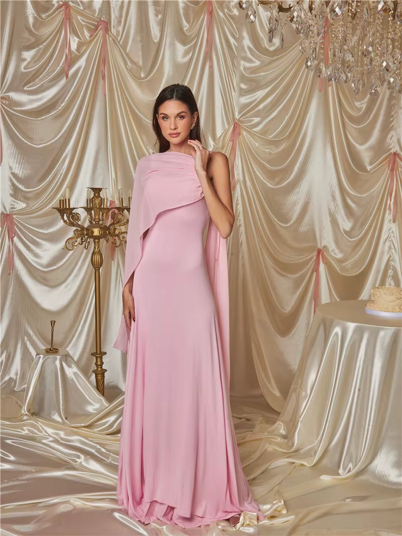 Elegant Skew Collar Off-shoulder Backless Lace-up Cape Sleeve Maxi Dress