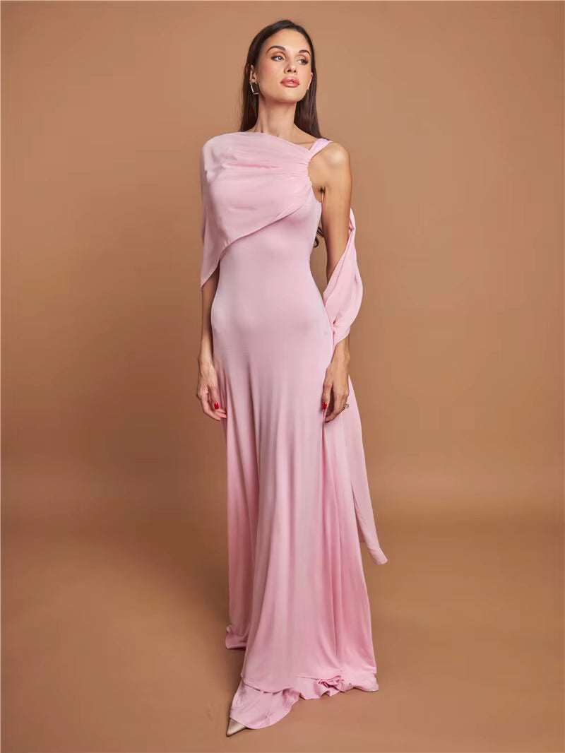 Elegant Skew Collar Off-shoulder Backless Lace-up Cape Sleeve Maxi Dress
