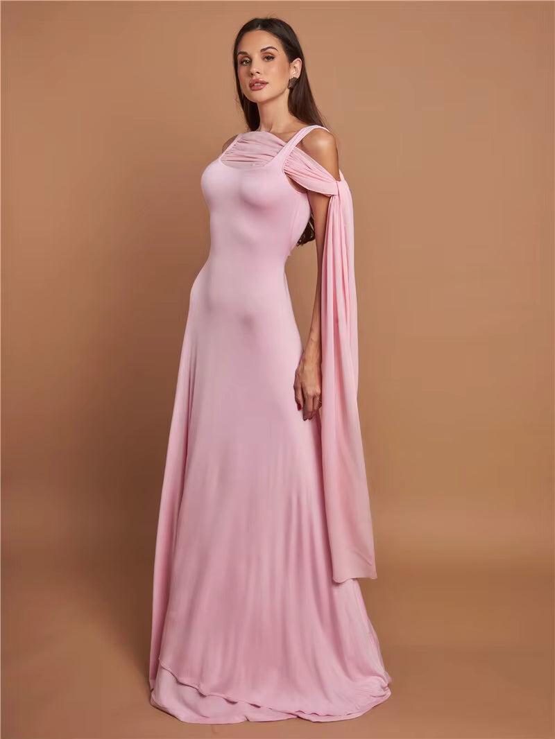 Elegant Skew Collar Off-shoulder Backless Lace-up Cape Sleeve Maxi Dress