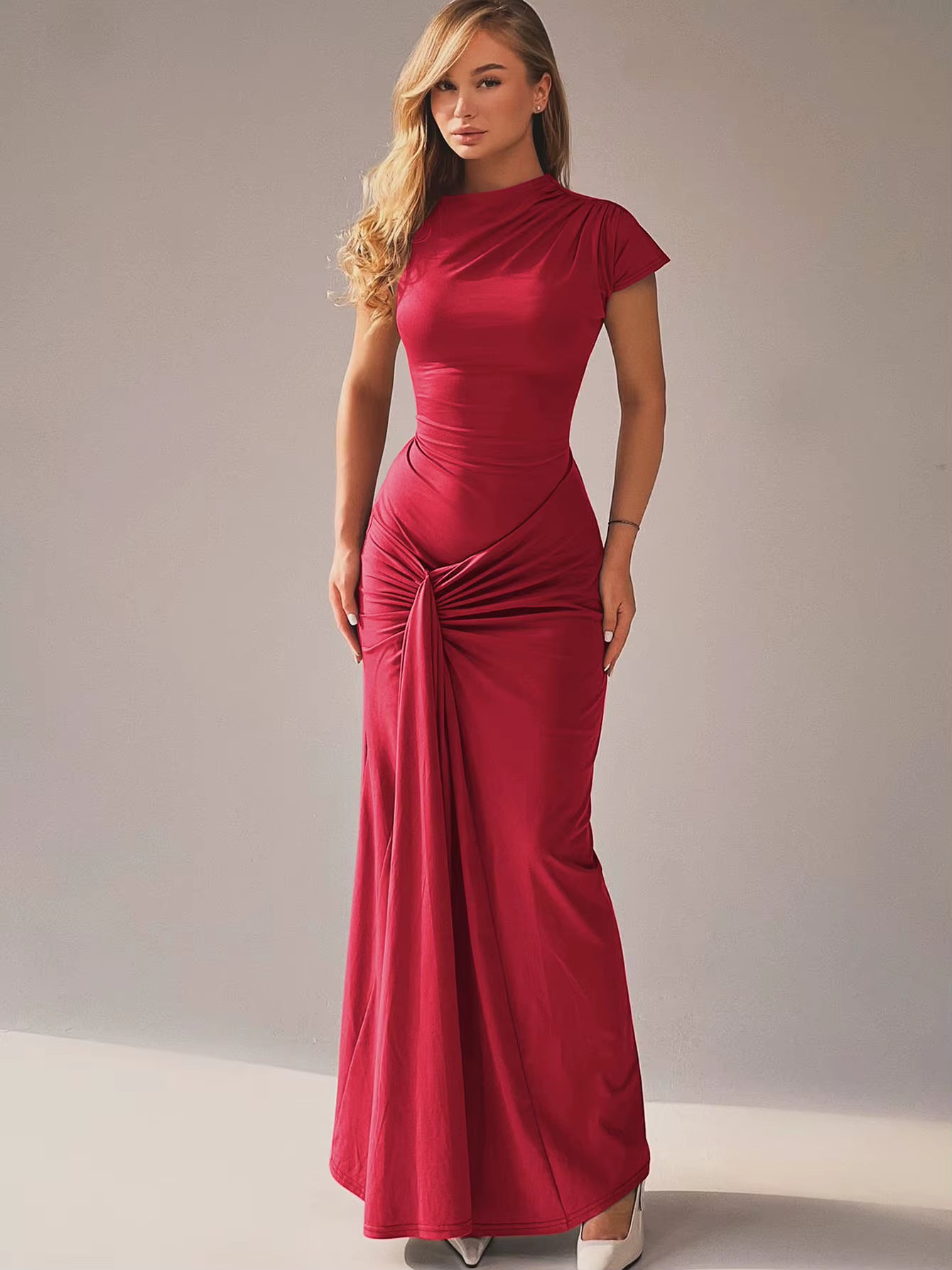 Elegant Skew Collar Short Sleeves Lace Up Ruched Tight Streetwear Bodycon Maxi Dress