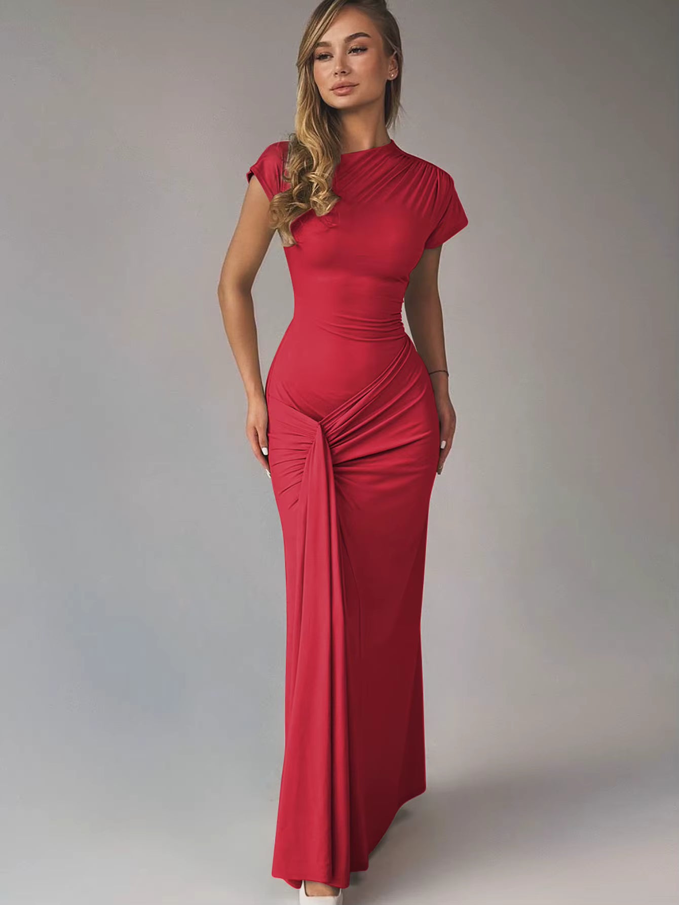 Elegant Skew Collar Short Sleeves Lace Up Ruched Tight Streetwear Bodycon Maxi Dress