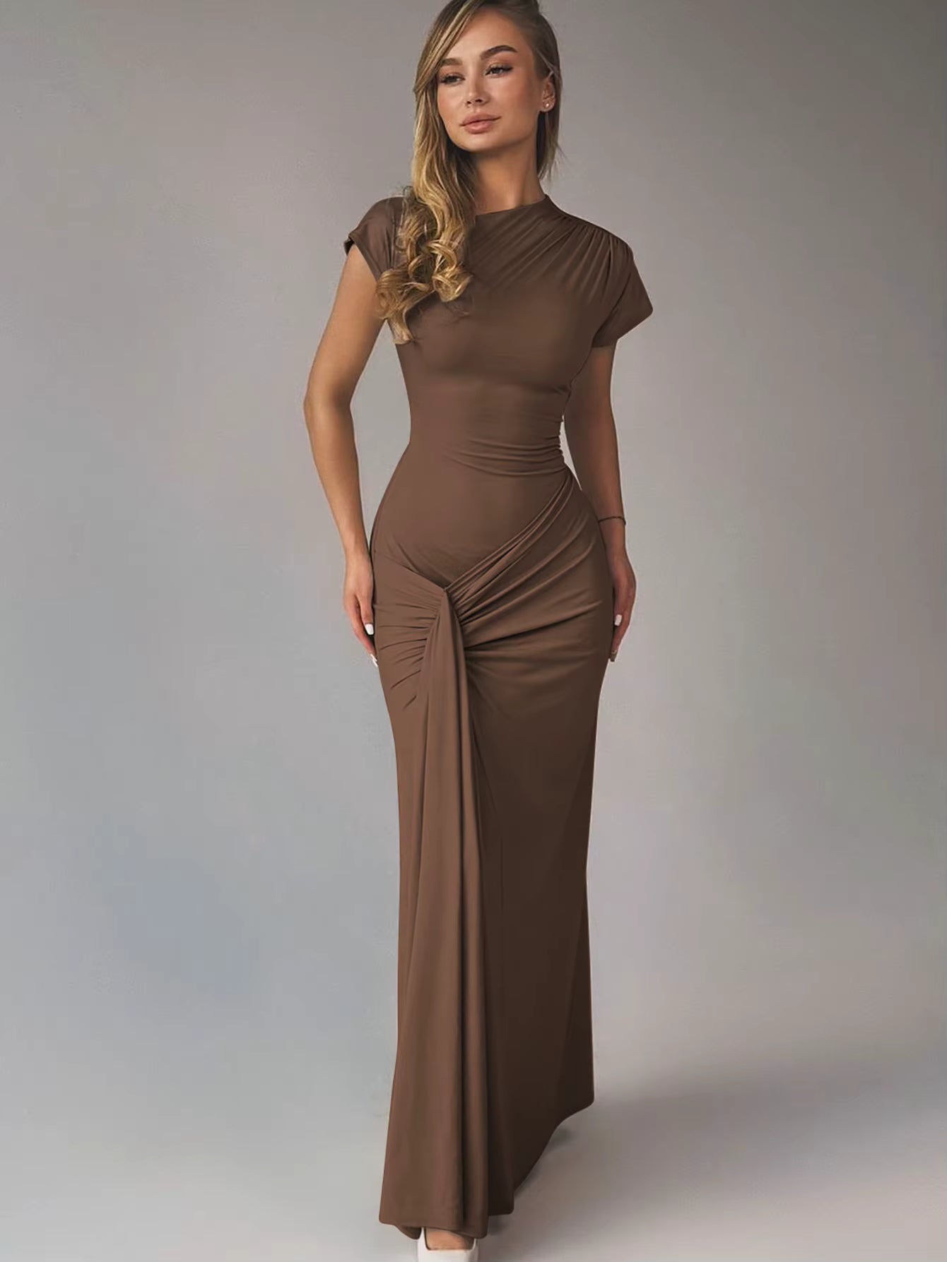 Elegant Skew Collar Short Sleeves Lace Up Ruched Tight Streetwear Bodycon Maxi Dress