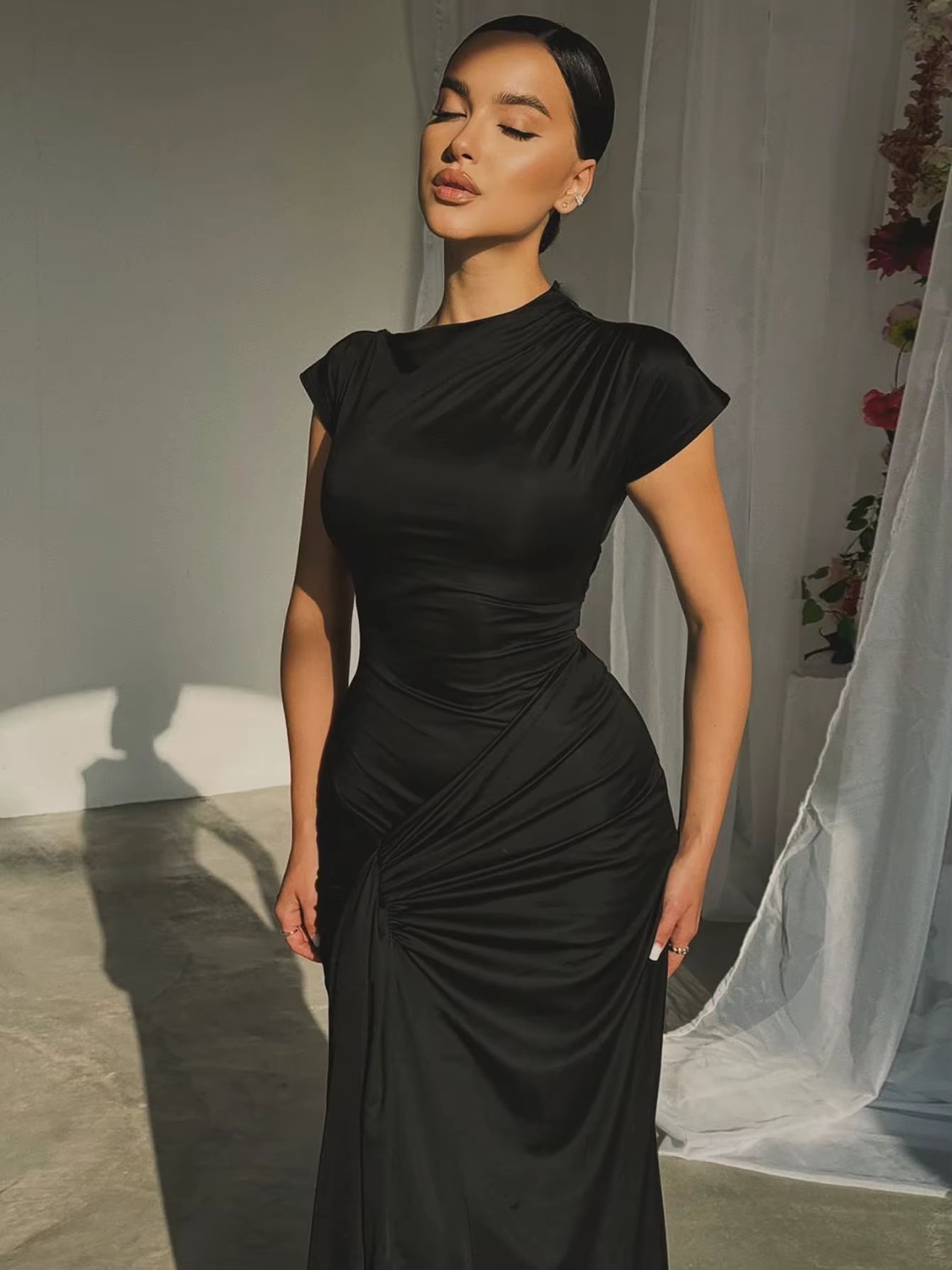 Elegant Skew Collar Short Sleeves Lace Up Ruched Tight Streetwear Bodycon Maxi Dress