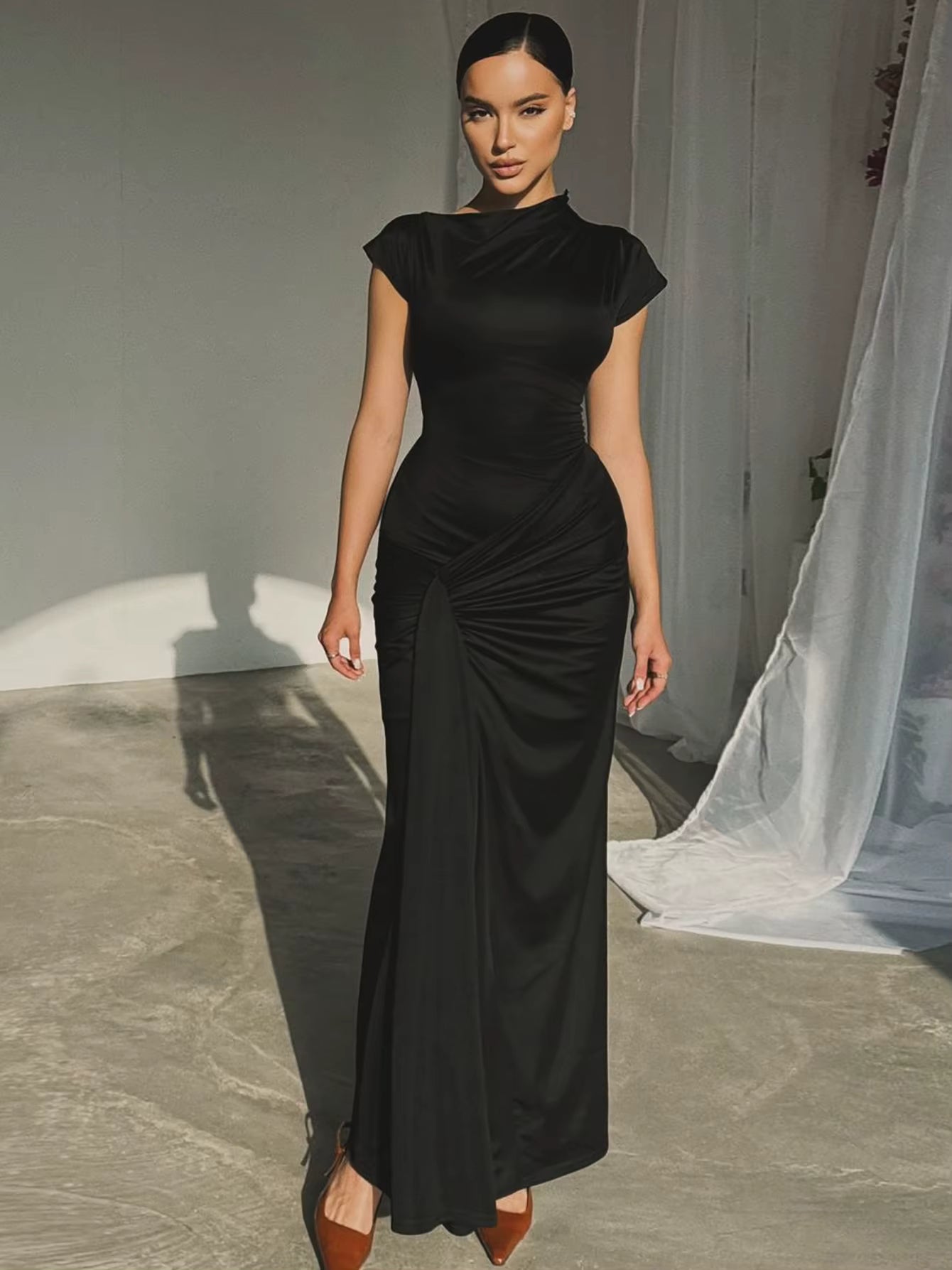 Elegant Skew Collar Short Sleeves Lace Up Ruched Tight Streetwear Bodycon Maxi Dress