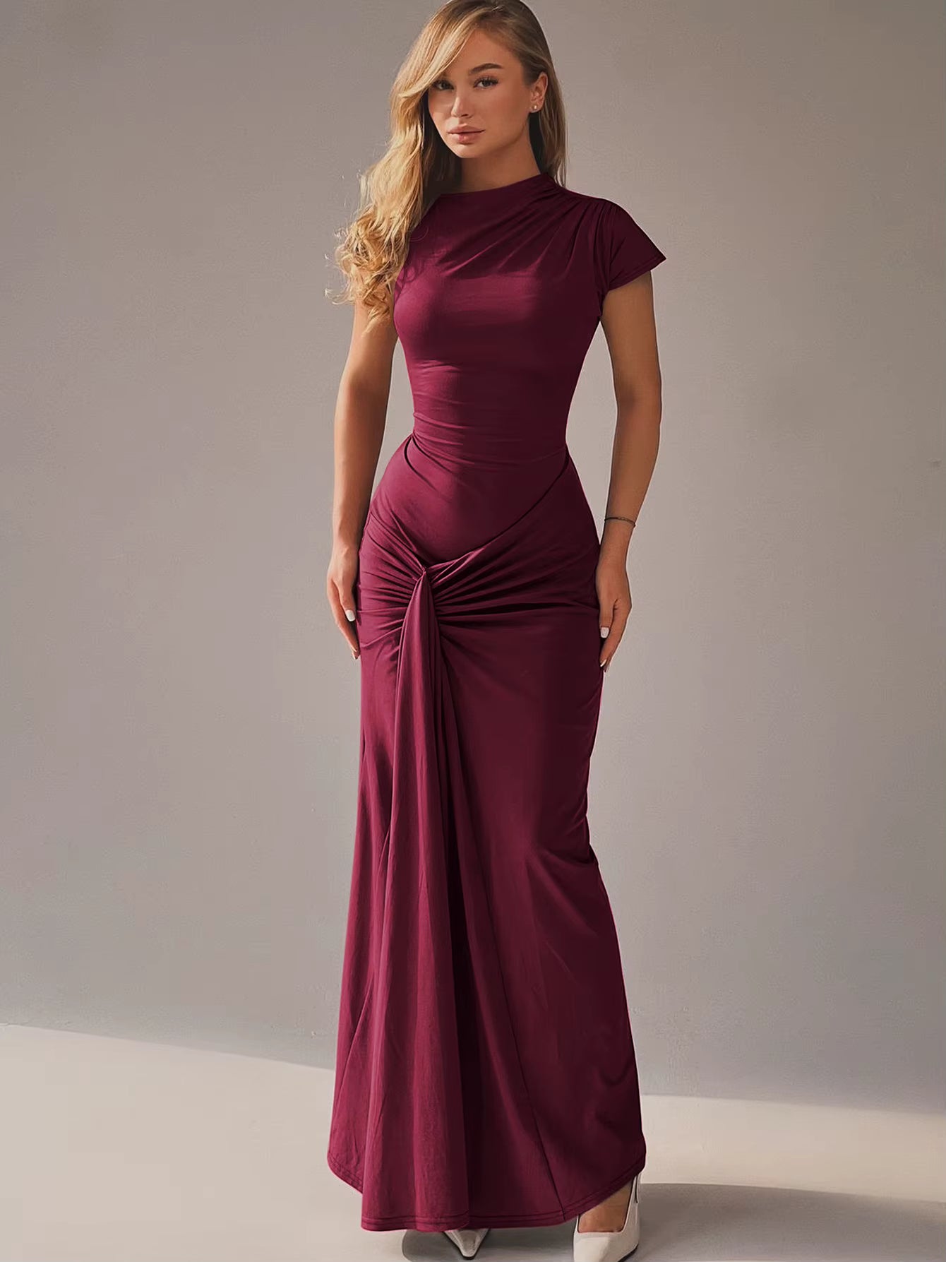 Elegant Skew Collar Short Sleeves Lace Up Ruched Tight Streetwear Bodycon Maxi Dress