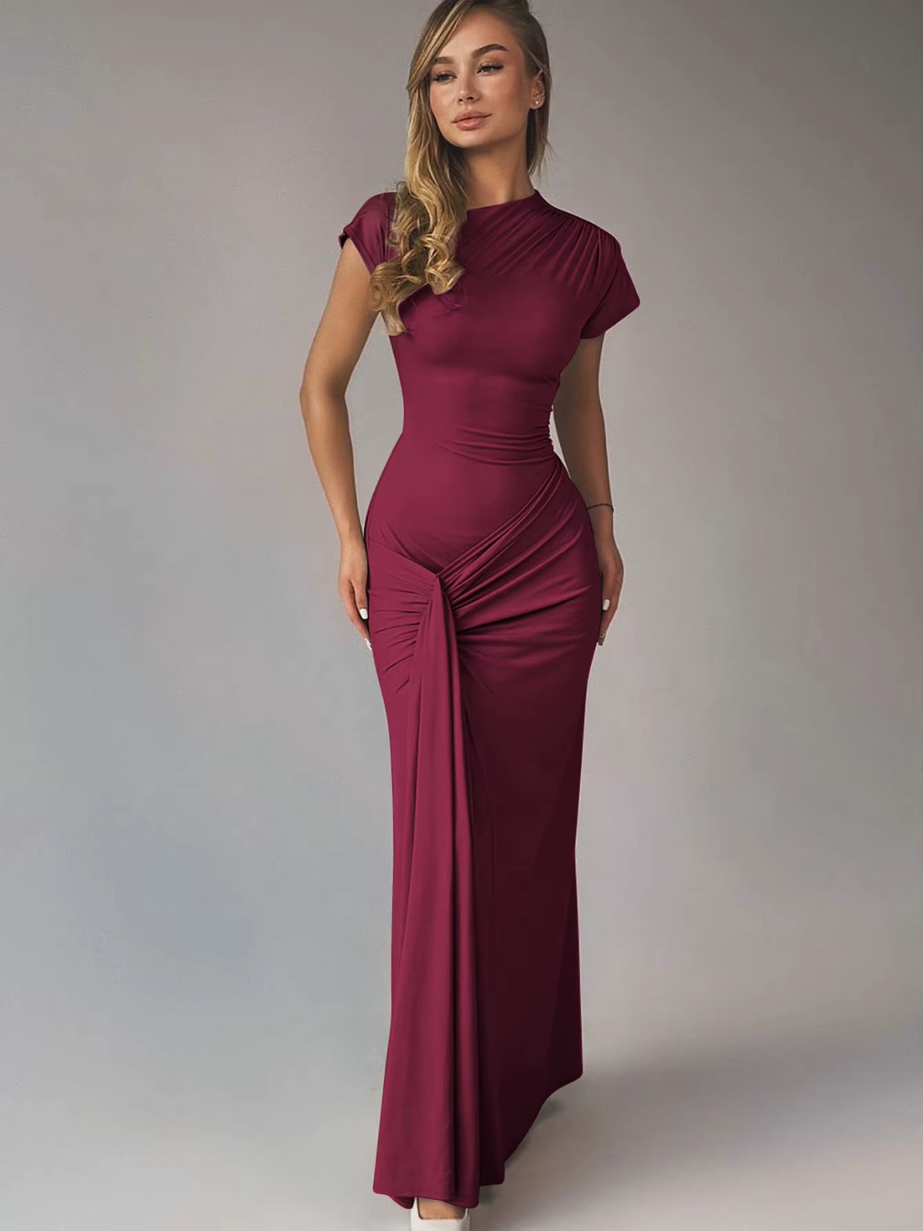 Elegant Skew Collar Short Sleeves Lace Up Ruched Tight Streetwear Bodycon Maxi Dress