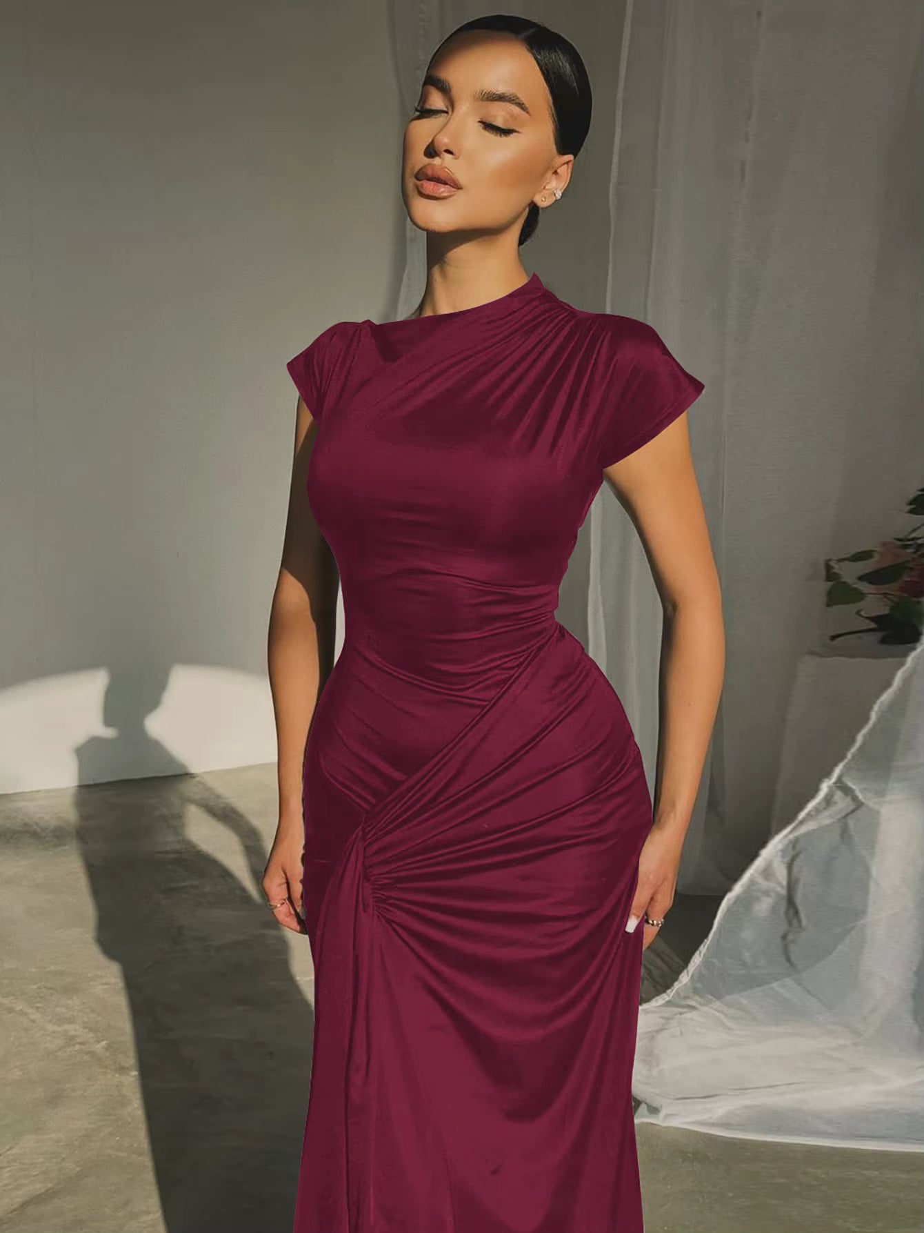 Elegant Skew Collar Short Sleeves Lace Up Ruched Tight Streetwear Bodycon Maxi Dress