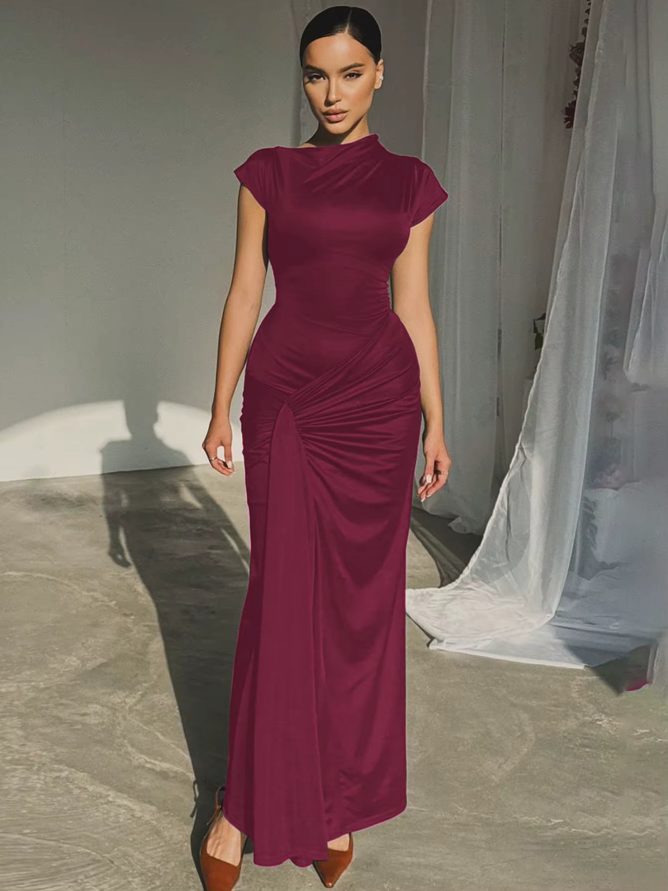 Elegant Skew Collar Short Sleeves Lace Up Ruched Tight Streetwear Bodycon Maxi Dress