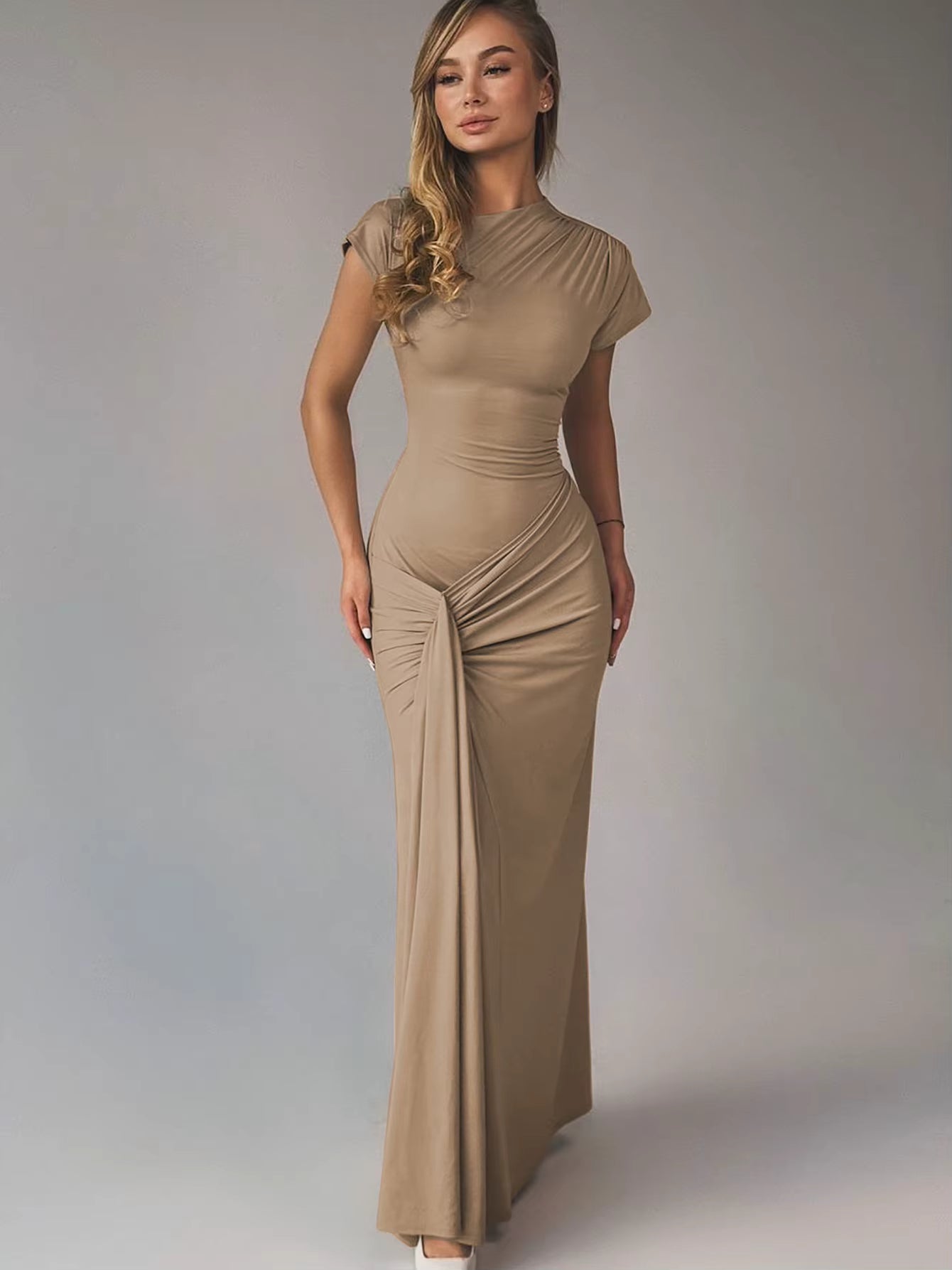 Elegant Skew Collar Short Sleeves Lace Up Ruched Tight Streetwear Bodycon Maxi Dress