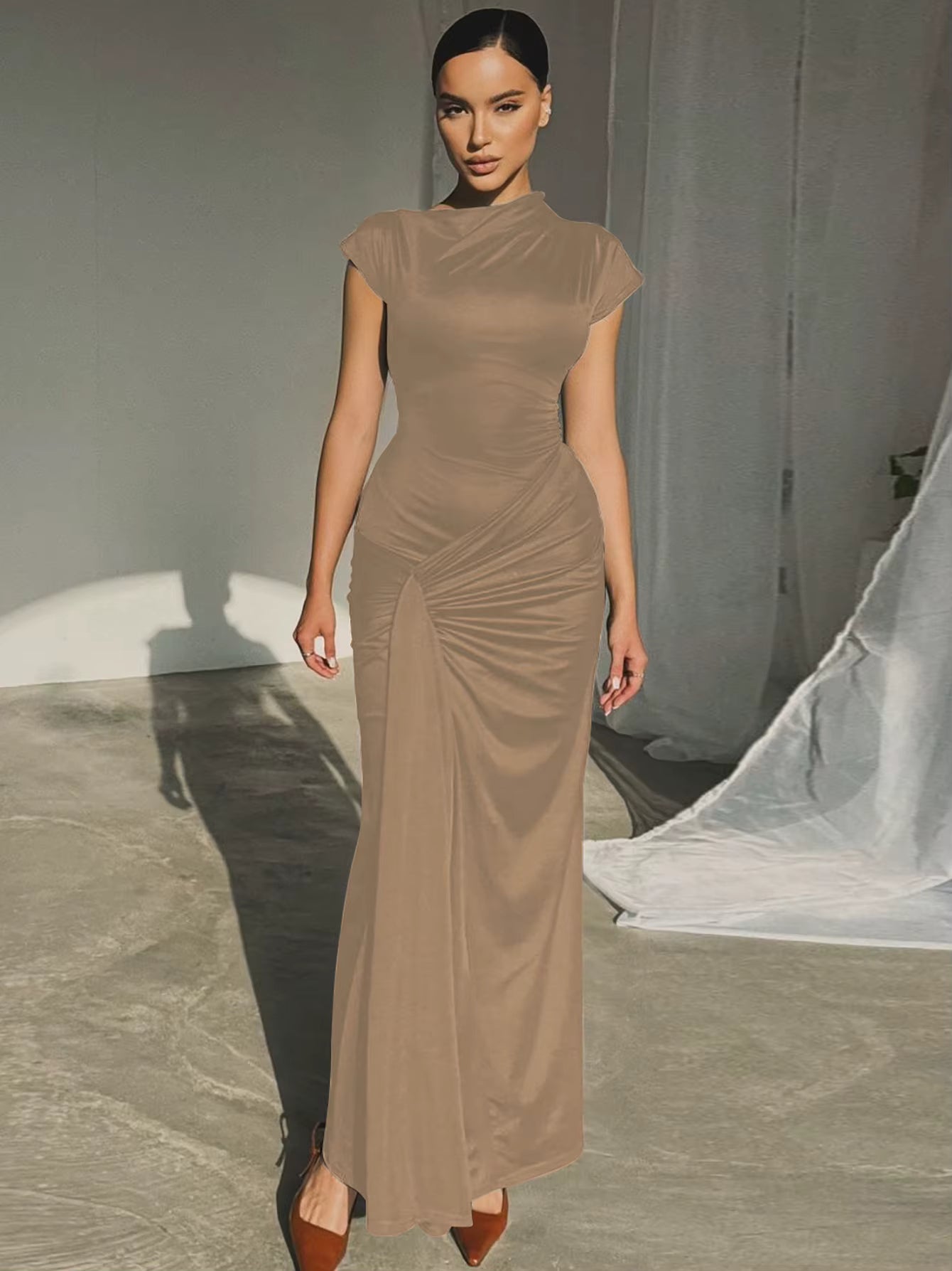 Elegant Skew Collar Short Sleeves Lace Up Ruched Tight Streetwear Bodycon Maxi Dress