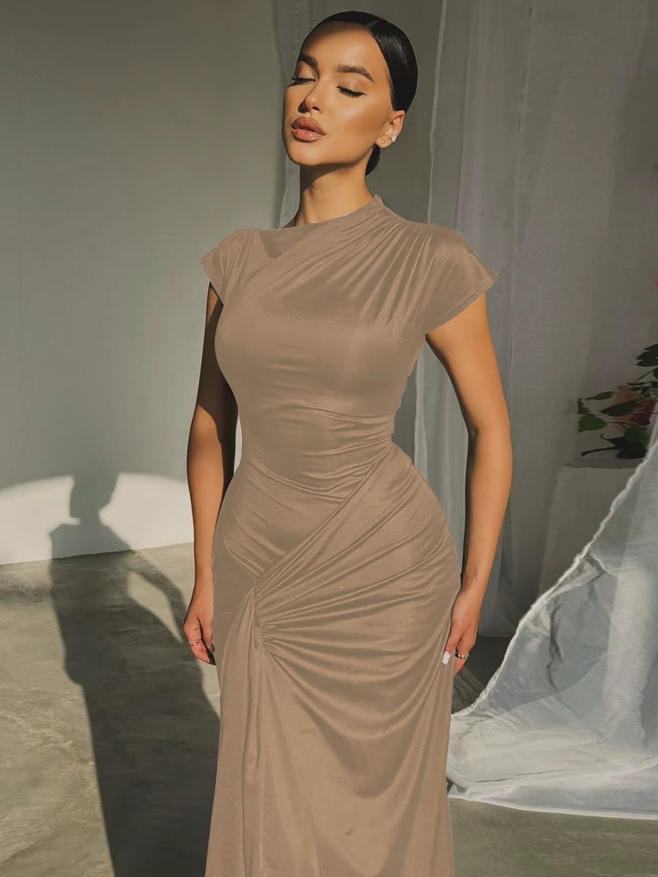 Elegant Skew Collar Short Sleeves Lace Up Ruched Tight Streetwear Bodycon Maxi Dress