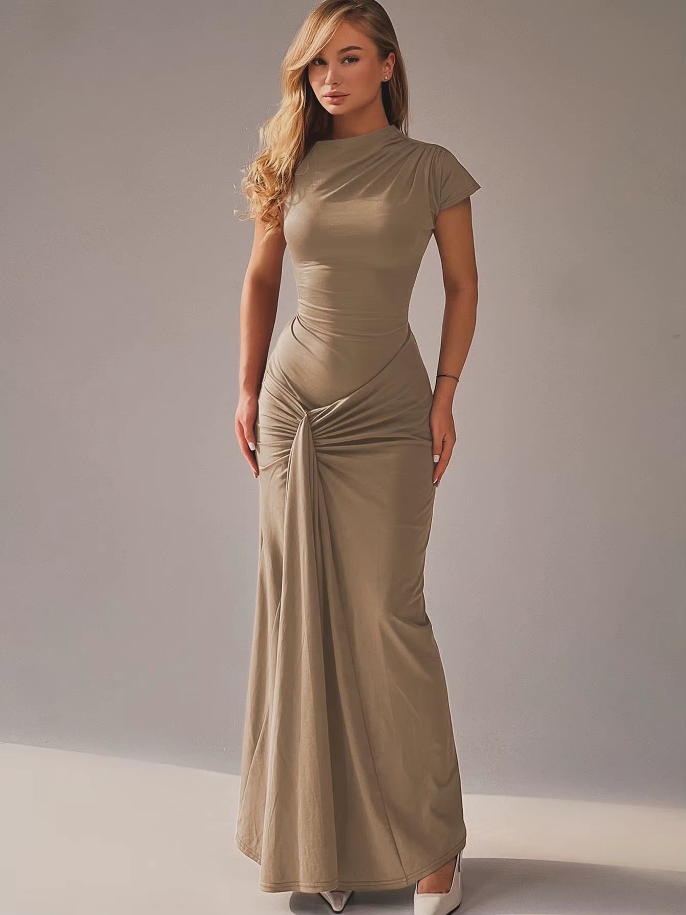 Elegant Skew Collar Short Sleeves Lace Up Ruched Tight Streetwear Bodycon Maxi Dress