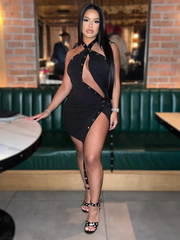 Elegant Skinny Elastic Hollow Ribbon Halter Backless Bodycon Mini Dress