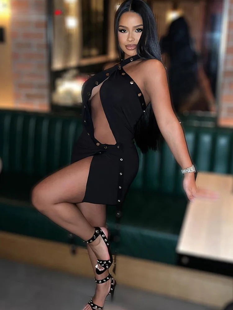Elegant Skinny Elastic Hollow Ribbon Halter Backless Bodycon Mini Dress