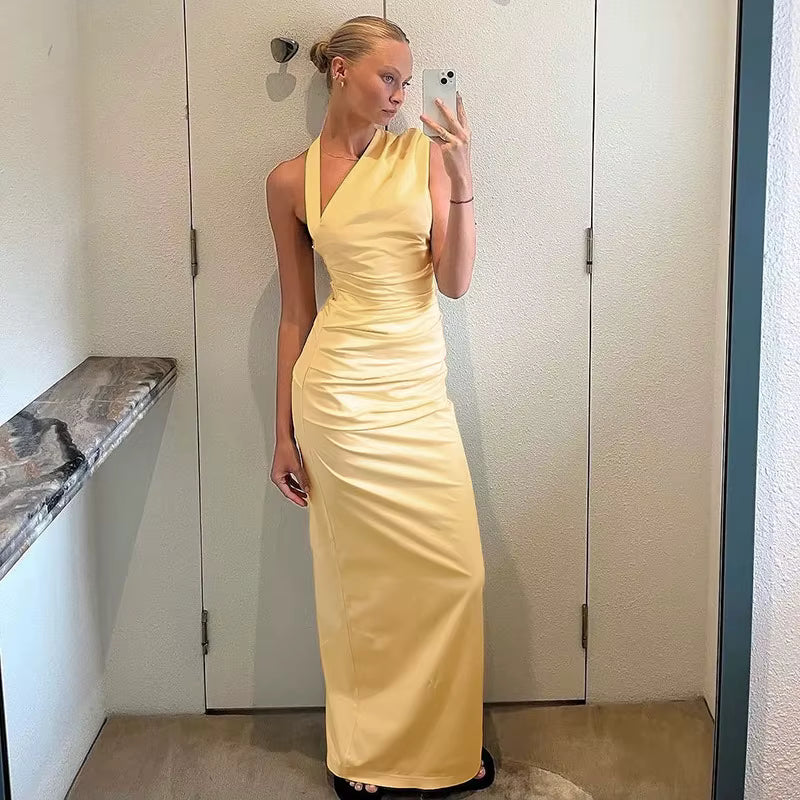 Elegant Slanted Collar Halter Ruched Backless Bodycon Slit  Long Dress
