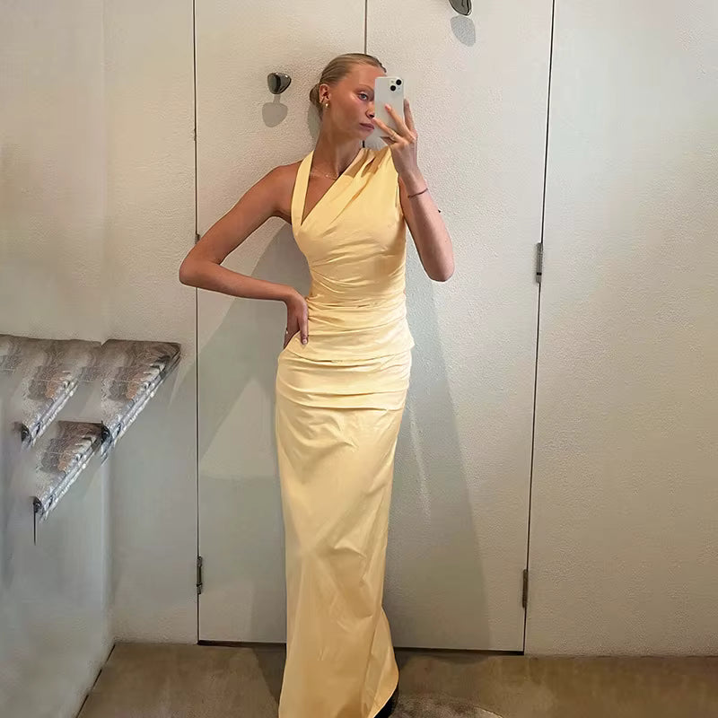 Elegant Slanted Collar Halter Ruched Backless Bodycon Slit  Long Dress