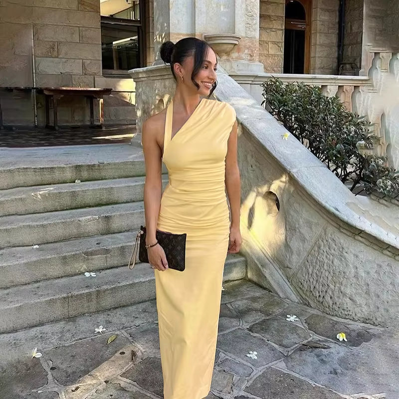 Elegant Slanted Collar Halter Ruched Backless Bodycon Slit  Long Dress