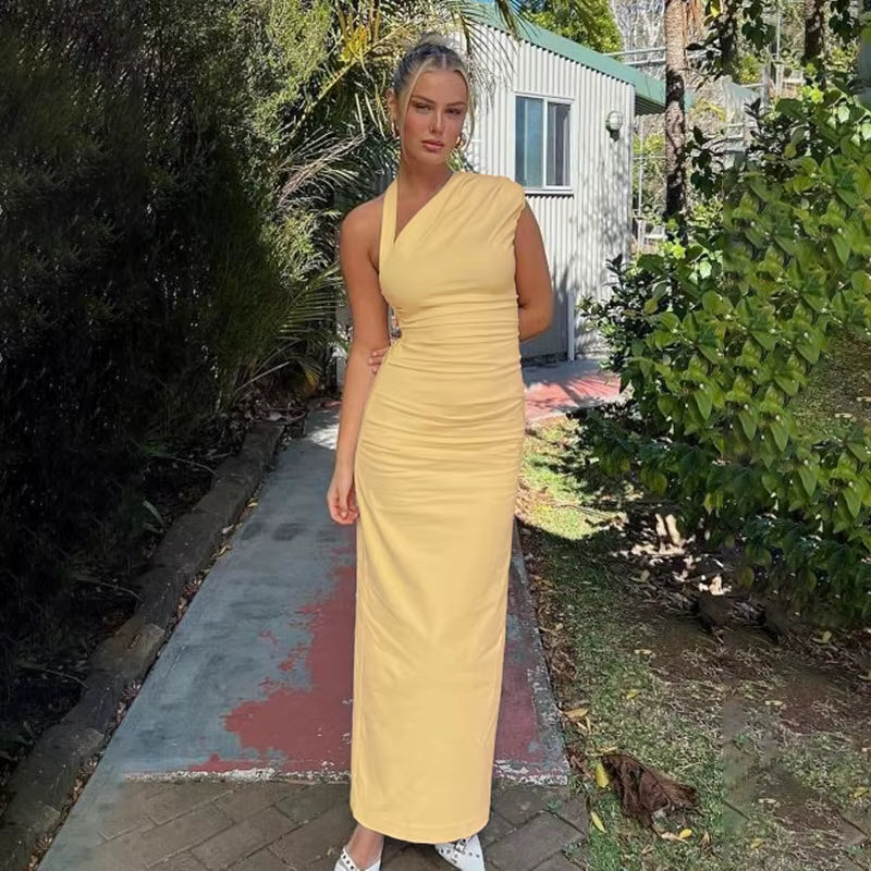 Elegant Slanted Collar Halter Ruched Backless Bodycon Slit  Long Dress