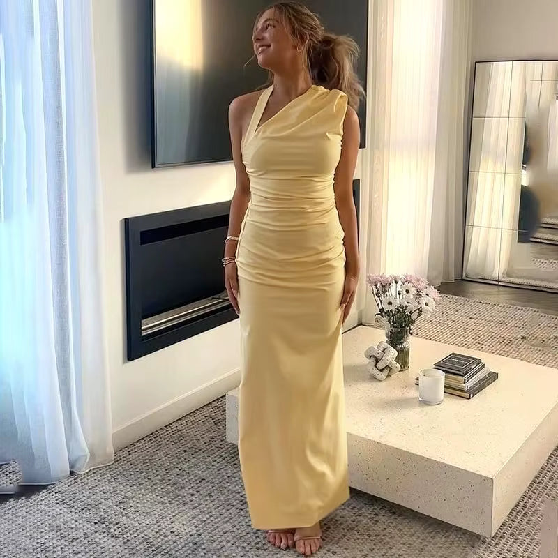 Elegant Slanted Collar Halter Ruched Backless Bodycon Slit  Long Dress