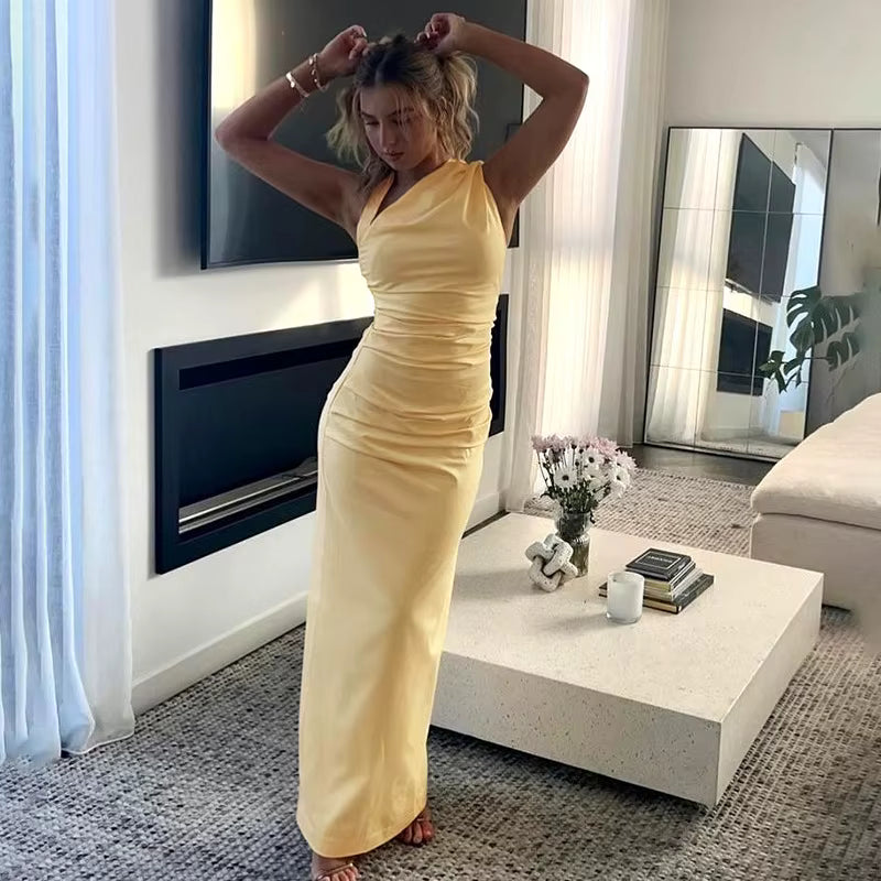 Elegant Slanted Collar Halter Ruched Backless Bodycon Slit  Long Dress