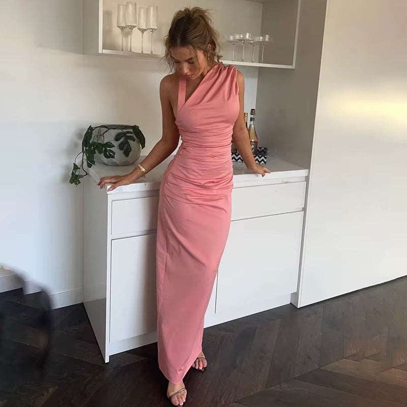 Elegant Slanted Collar Halter Ruched Backless Bodycon Slit  Long Dress