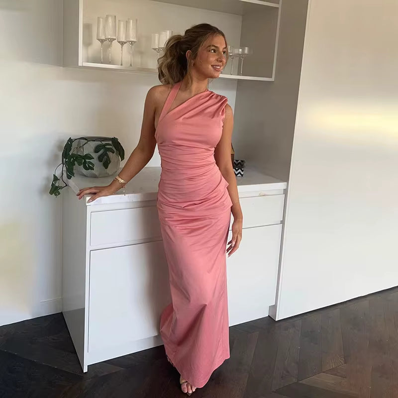 Elegant Slanted Collar Halter Ruched Backless Bodycon Slit  Long Dress