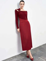 Elegant Slash Neck Hollow Out Kink Splice Pleated Asymmetrical Slim Maxi Dress