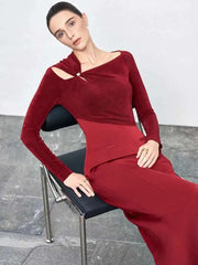Elegant Slash Neck Hollow Out Kink Splice Pleated Asymmetrical Slim Maxi Dress