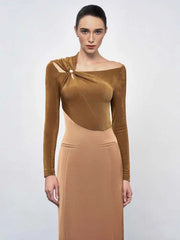 Elegant Slash Neck Hollow Out Kink Splice Pleated Asymmetrical Slim Maxi Dress