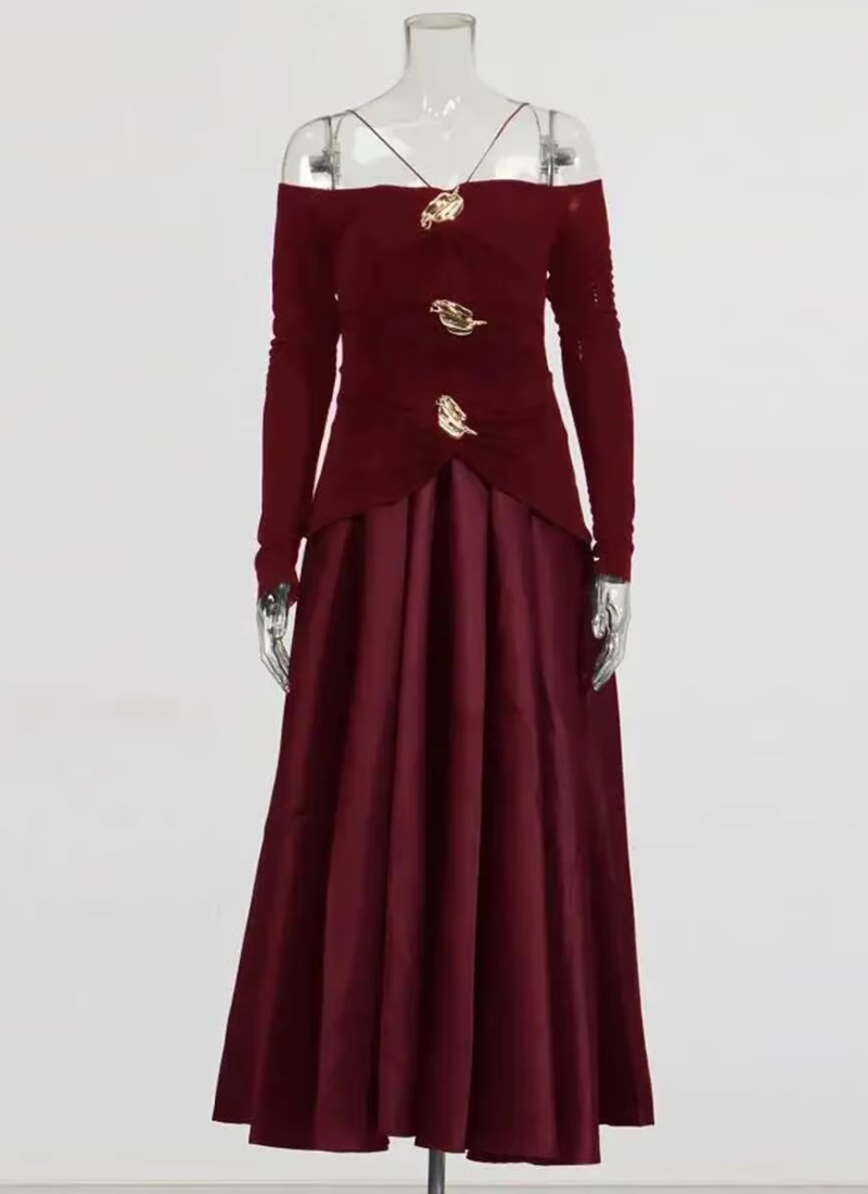Elegant Slash Neck Long Sleeves High Waist Patchwork Folds A Line Dresses