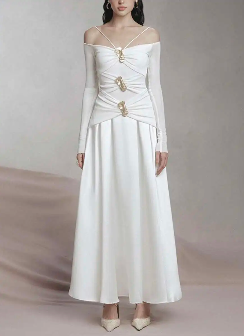 Elegant Slash Neck Long Sleeves High Waist Patchwork Folds A Line Dresses
