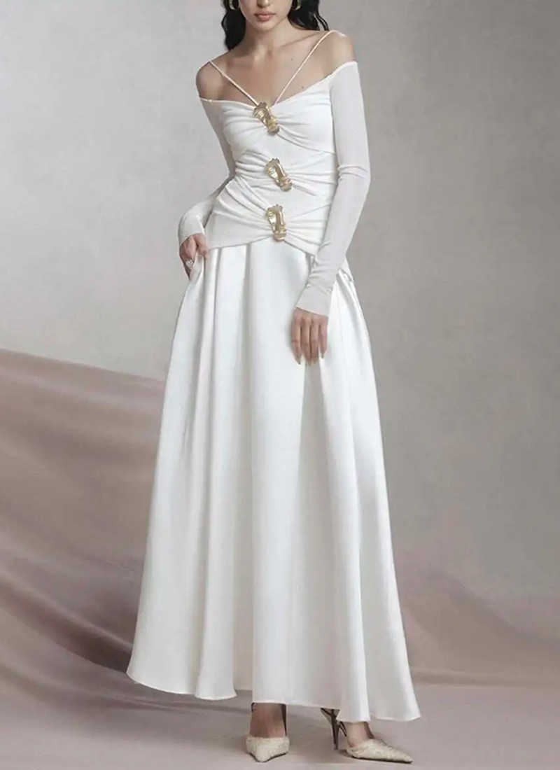 Elegant Slash Neck Long Sleeves High Waist Patchwork Folds A Line Dresses