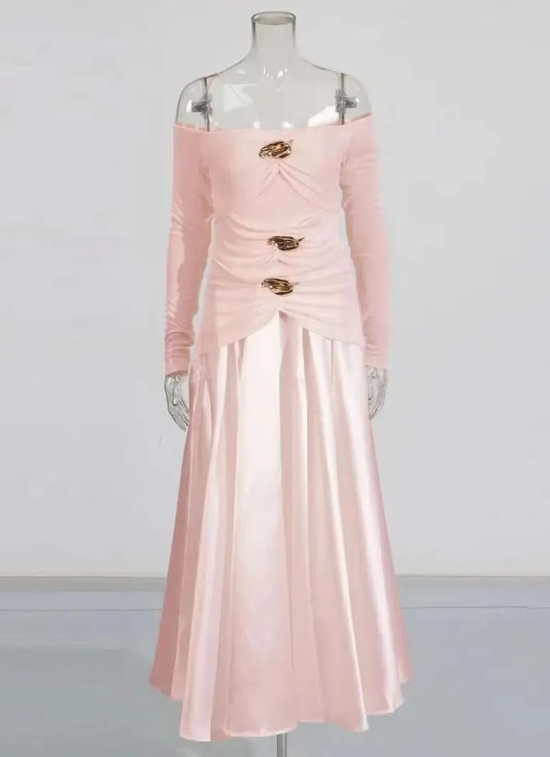 Elegant Slash Neck Long Sleeves High Waist Patchwork Folds A Line Dresses