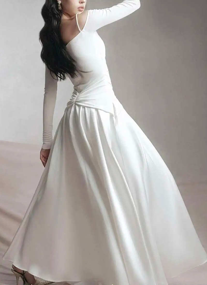Elegant Slash Neck Long Sleeves High Waist Patchwork Folds A Line Dresses