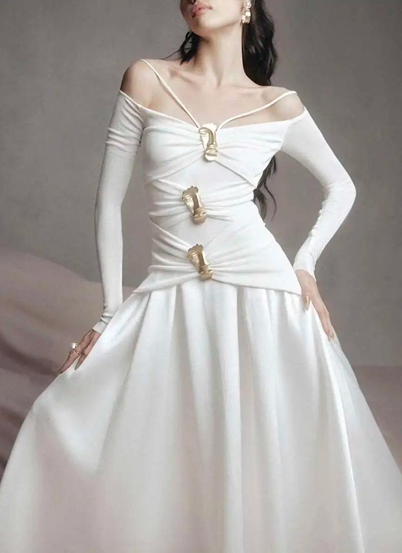 Elegant Slash Neck Long Sleeves High Waist Patchwork Folds A Line Dresses