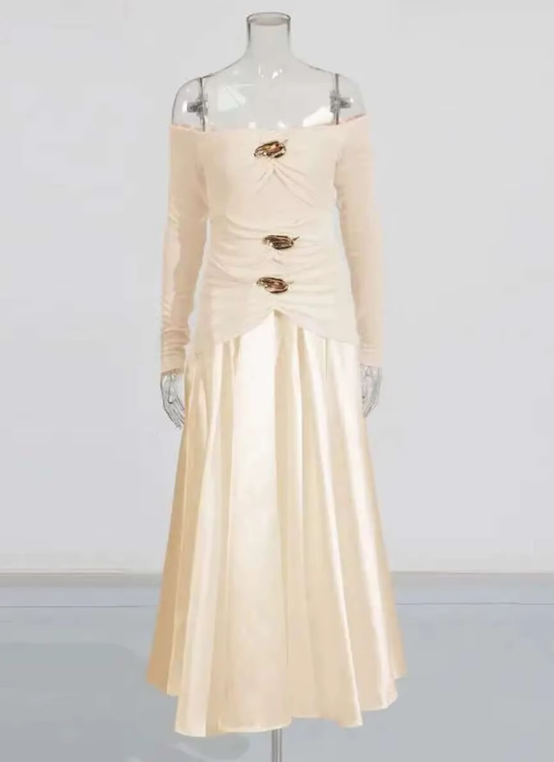 Elegant Slash Neck Long Sleeves High Waist Patchwork Folds A Line Dresses