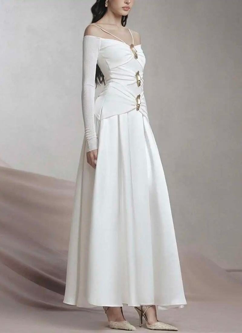 Elegant Slash Neck Long Sleeves High Waist Patchwork Folds A Line Dresses