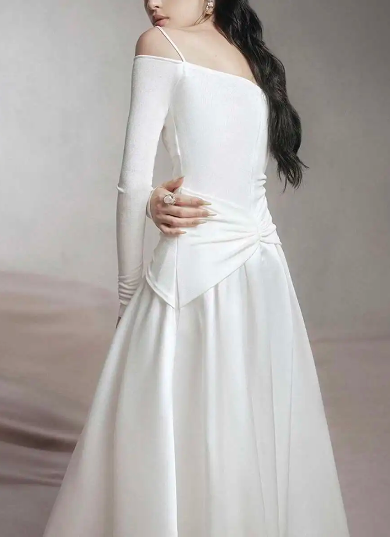 Elegant Slash Neck Long Sleeves High Waist Patchwork Folds A Line Dresses