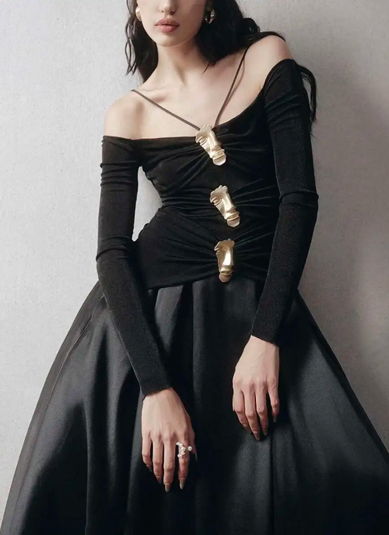 Elegant Slash Neck Long Sleeves High Waist Patchwork Folds A Line Dresses