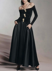 Elegant Slash Neck Long Sleeves High Waist Patchwork Folds A Line Dresses