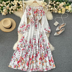 Elegant Slash Neck Puff Sleeve Off Shoulder Print Maxi Dress