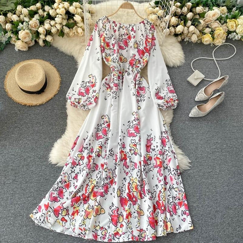 Elegant Slash Neck Puff Sleeve Off Shoulder Print Maxi Dress