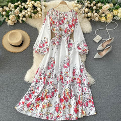 Elegant Slash Neck Puff Sleeve Off Shoulder Print Maxi Dress