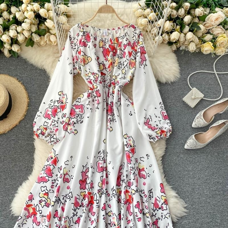 Elegant Slash Neck Puff Sleeve Off Shoulder Print Maxi Dress
