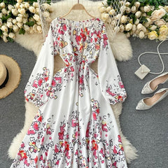 Elegant Slash Neck Puff Sleeve Off Shoulder Print Maxi Dress