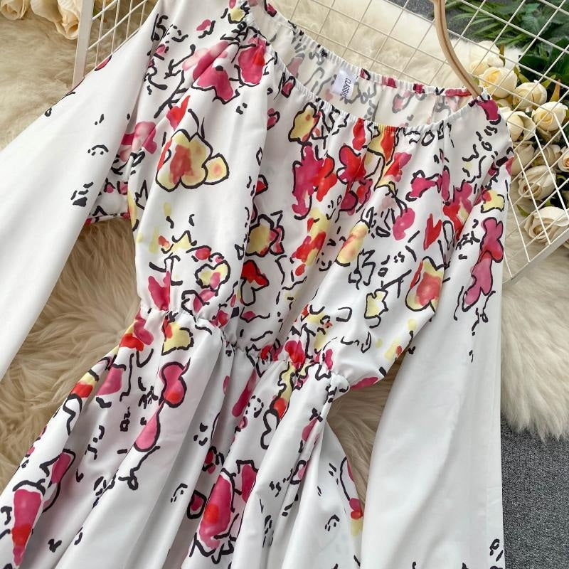 Elegant Slash Neck Puff Sleeve Off Shoulder Print Maxi Dress