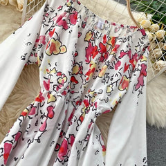 Elegant Slash Neck Puff Sleeve Off Shoulder Print Maxi Dress