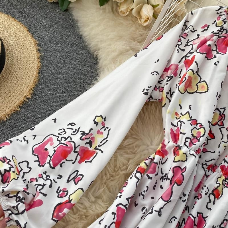 Elegant Slash Neck Puff Sleeve Off Shoulder Print Maxi Dress